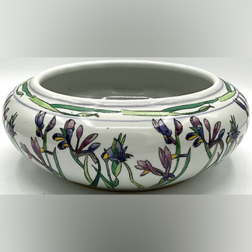 New England Pottery Planter Purple Iris Flower Design Succulent Shallow Dish
